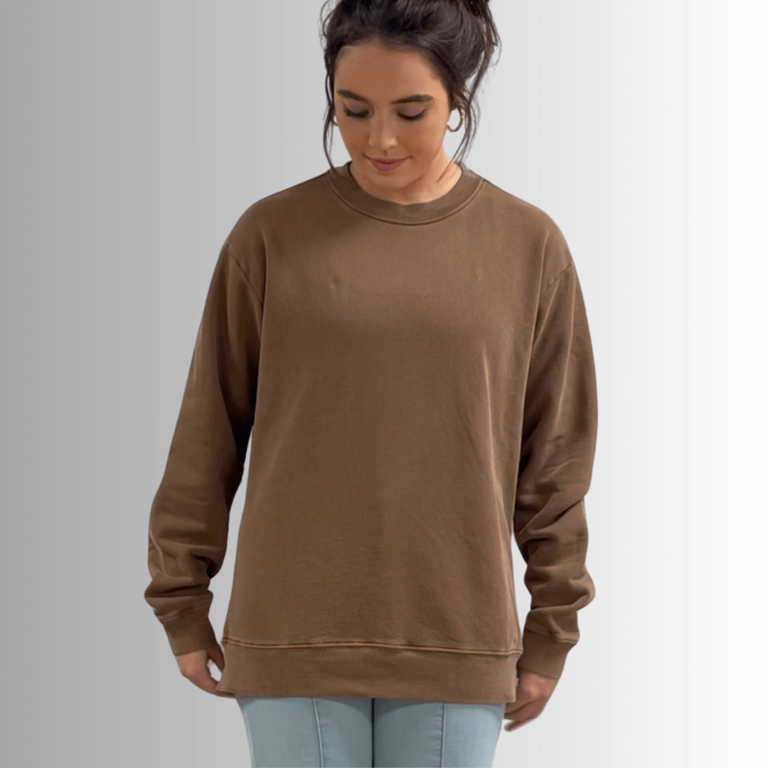 Made in USA Women's Heavyweight Pigment Dyed Cotton Fleece Sweatshirt in Mocha Brown | Classy Cozy Cool Made in America Boutique