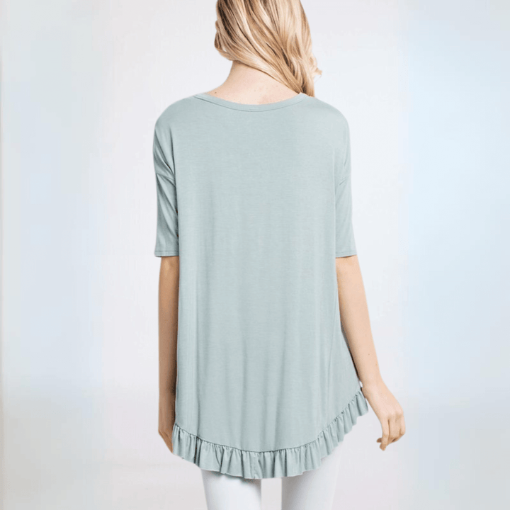 Made in USA Women's Bamboo Ruffle Hem Short Sleeve High Low Tunic Top with Boat Neckline in Light Sage | Classy Cozy Cool Made in America Boutique
