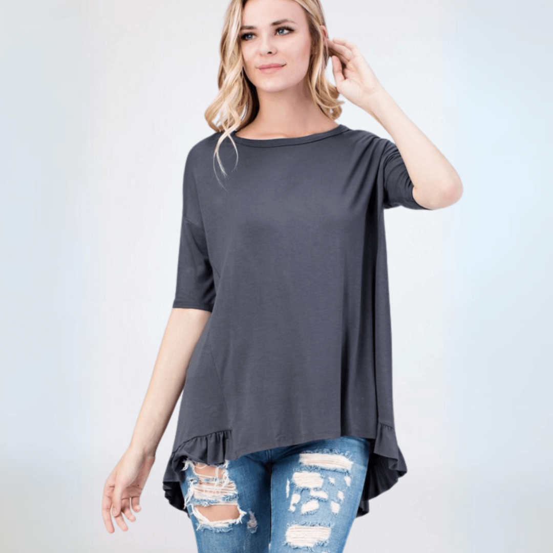 Made in USA Women's Bamboo Ruffle Hem Short Sleeve High Low Tunic Top with Boat Neckline in Charcoal | Classy Cozy Cool Made in America Boutique