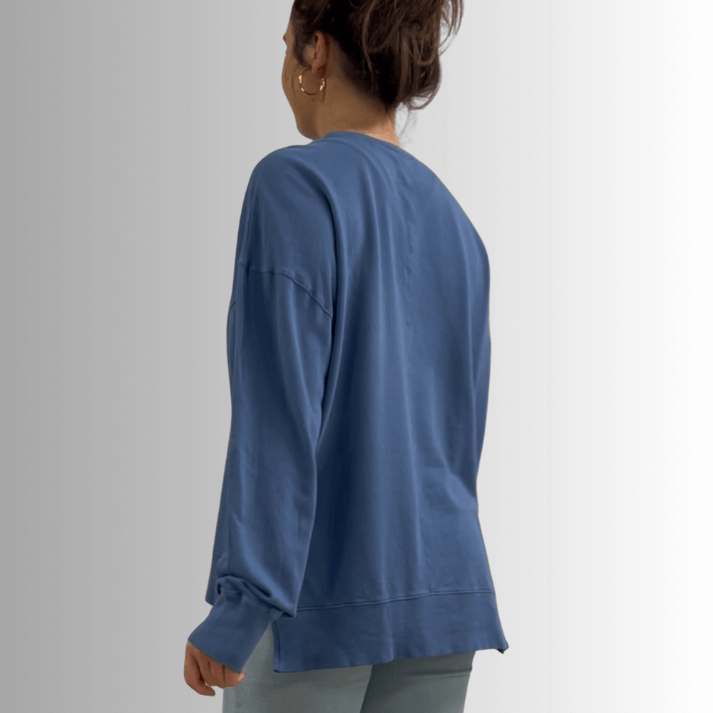 Made in USA Premium French Terry Cotton Long Sleeve Top, Made with Premium USA Cotton, Oversized Fit, Lightweight, Crew Neck in Denim Blue | Classy Cozy Cool Made in America Boutique