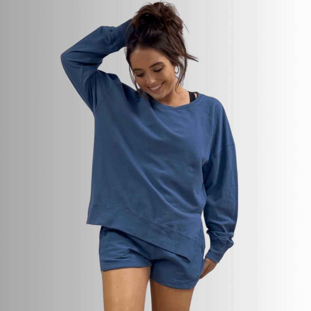 Made in USA Premium French Terry Cotton Long Sleeve Top, Made with Premium USA Cotton, Oversized Fit, Lightweight, Crew Neck in Denim Blue | Classy Cozy Cool Made in America Boutique