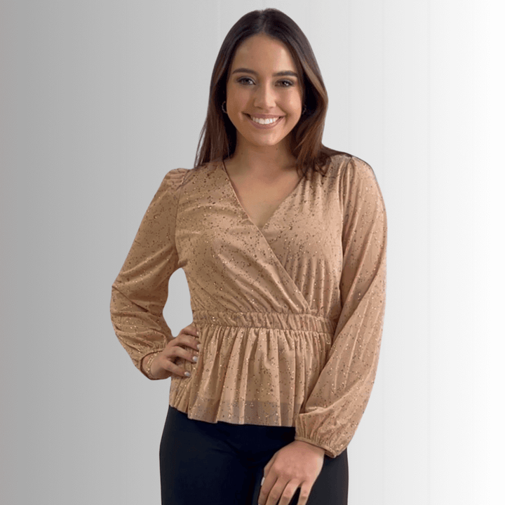 Made in USA |  Women's Peplum Style Glitter Mesh Top with Deep V-Neck & Puff Sleeves in Tan | If She Loves Style IST1320 | Classy Cozy Cool Women's Made in America Boutique