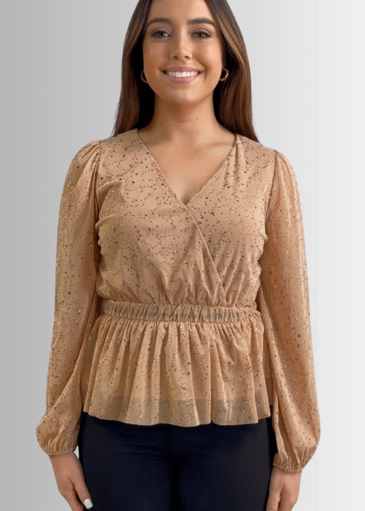 Made in USA |  Women's Peplum Style Glitter Mesh Top with Deep V-Neck & Puff Sleeves in Tan | If She Loves Style IST1320 | Classy Cozy Cool Women's Made in America Boutique