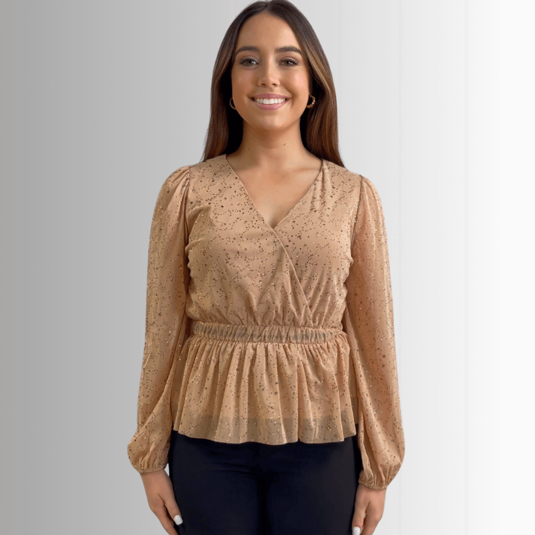 Made in USA |  Women's Peplum Style Glitter Mesh Top with Deep V-Neck & Puff Sleeves in Tan | If She Loves Style IST1320 | Classy Cozy Cool Women's Made in America Boutique