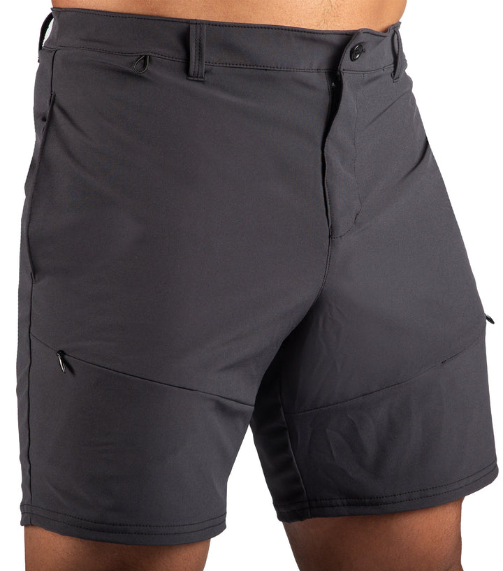 WSI Sportswear Men's Woven Hiker Short in Black Made in USA, Belt Loops. Waistband loop, Zippered fly with button, Zippered front pockets Side pockets, 8" Inseam 