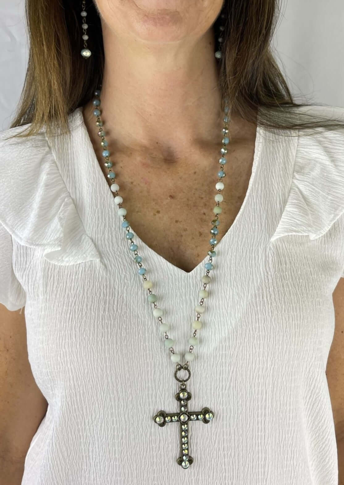 Handmade in USA Cross Beaded Statement Necklace with Bling Cross Pendant | Classy Cozy Cool Women's Made in America Women's Boutique
