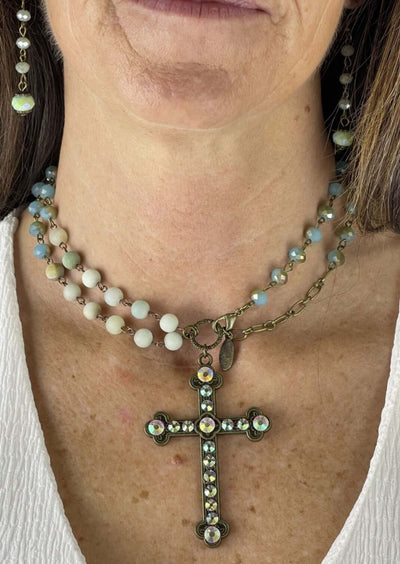 Handmade in USA Cross Beaded Statement Necklace with Bling Cross Pendant | Classy Cozy Cool Women's Made in America Women's Boutique