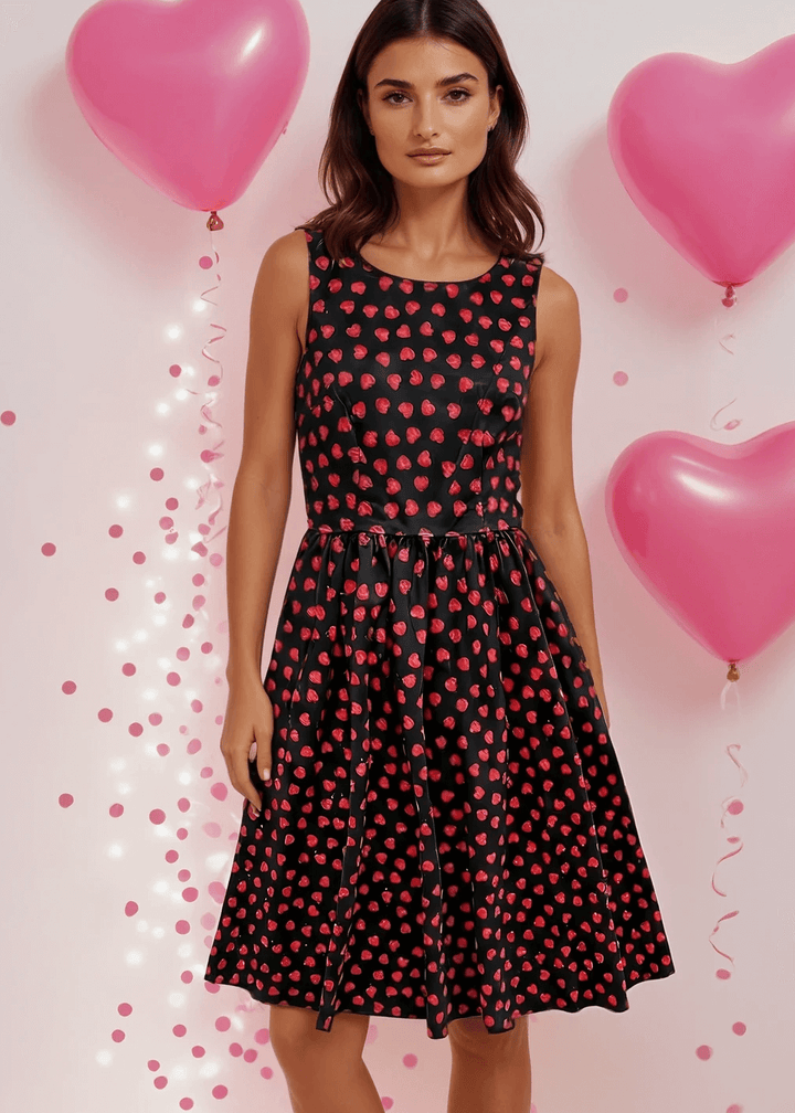 Made in USA, A women's vintage style piece with fun, modern details; our midi dress is now available in our Hearts print. Made from 100% cotton, this classic 1950's inspired dress features a high neckline, longer length swing skirt with hidden side pockets, and back zippered closure. 