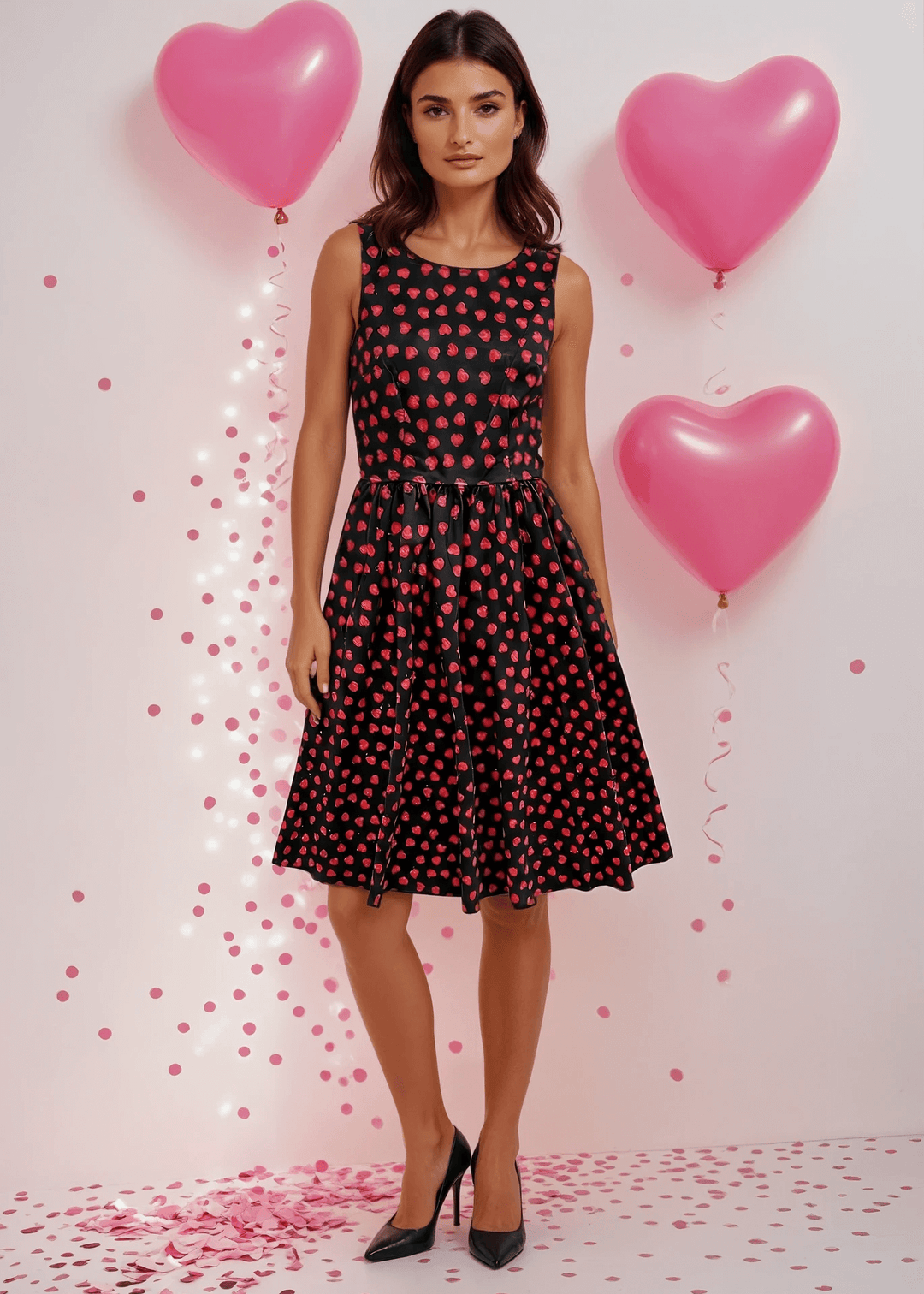 Made in USA, A women's vintage style piece with fun, modern details; our midi dress is now available in our Hearts print. Made from 100% cotton, this classic 1950's inspired dress features a high neckline, longer length swing skirt with hidden side pockets, and back zippered closure. 