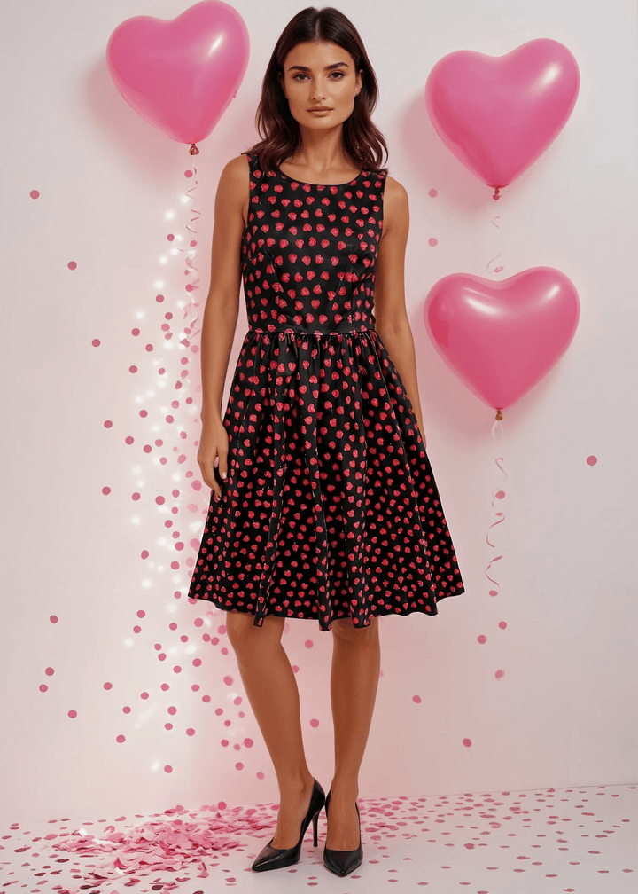 Made in USA, A women's vintage style piece with fun, modern details; our midi dress is now available in our Hearts print. Made from 100% cotton, this classic 1950's inspired dress features a high neckline, longer length swing skirt with hidden side pockets, and back zippered closure. 
