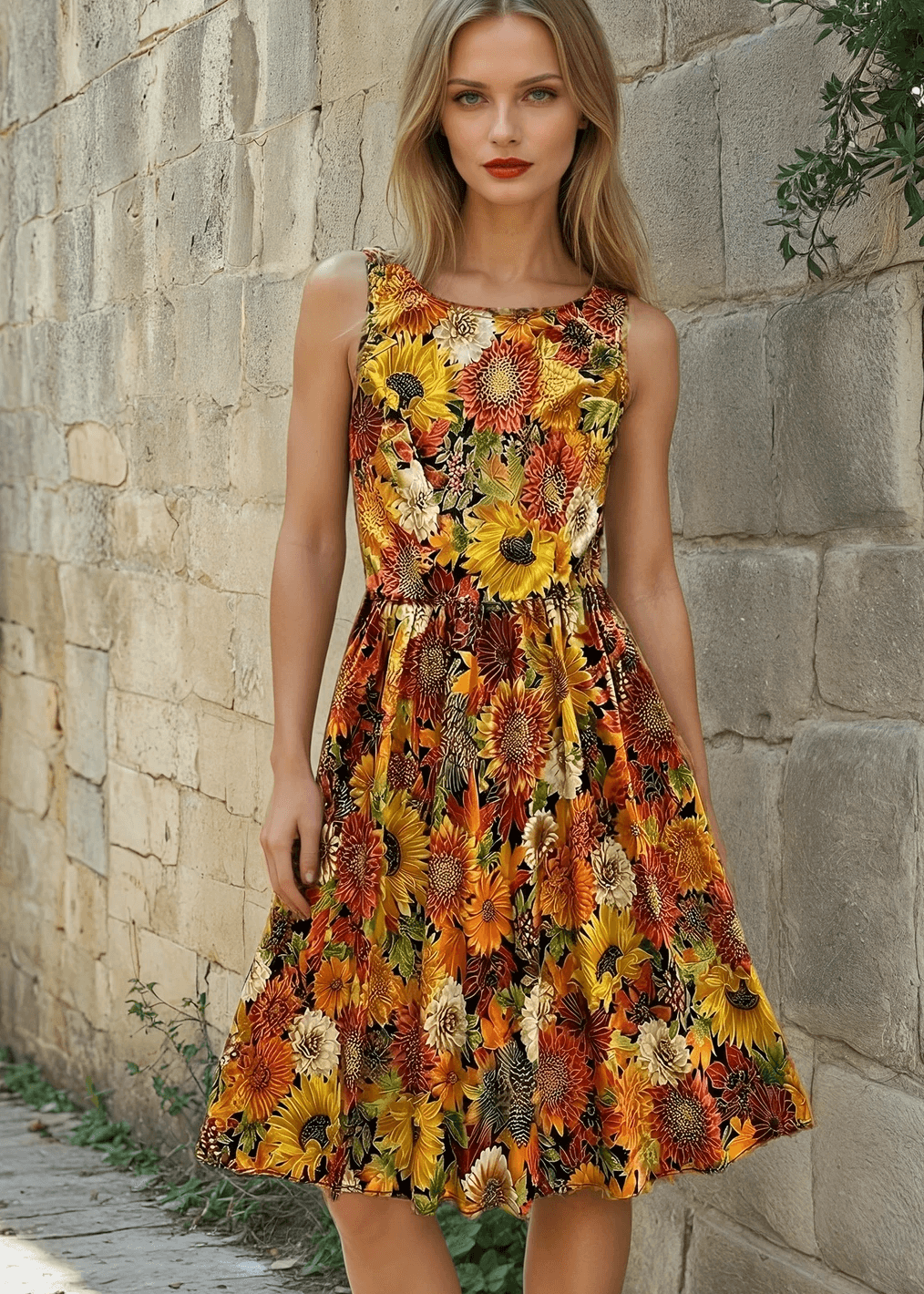 Made in USS Women's vintage style piece with fun, modern details in our Sunflower Floral print. Made from 100% cotton, this classic 1950's inspired dress features a high neckline, longer length skirt with hidden side pockets and back zippered closure.