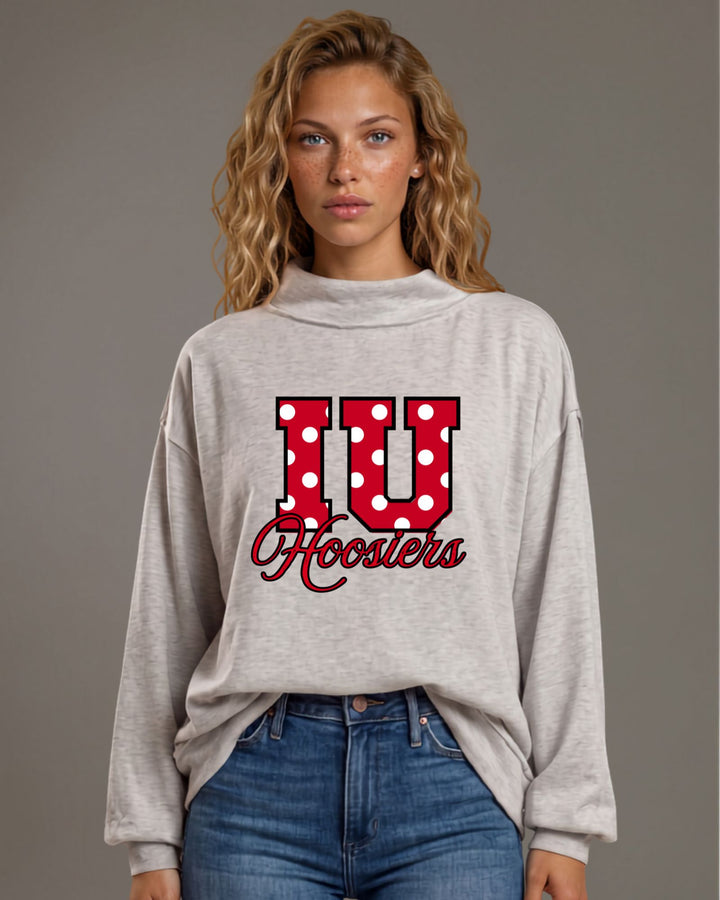 IU Hoosiers gameday polka dot graphic mock neck sweatshirt in heather grey. Oversized, super soft, made in USA. Perfect gameday top. Sizes S–L.