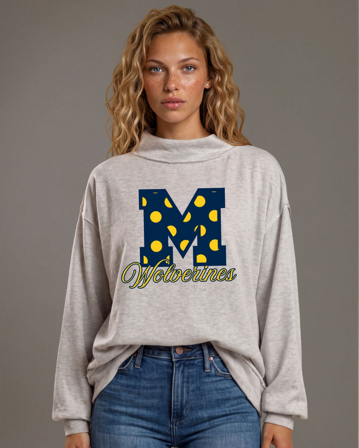 Michigan Wolverines gameday polka dot graphic mock neck sweatshirt in heather grey. Oversized, super soft, made in USA. Perfect gameday top. Sizes S–L.