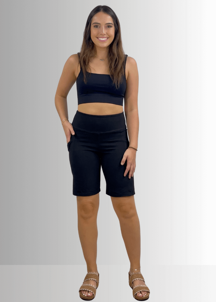 Made in USA Women's Perfect Fit Premium Tummy Control, Fitted  Walking Shorts, Large Side Pockets, Wide Waistband, Long Length in Black | 95% Cotton 5% Spandex | Style C30731 | Classy Cozy Cool Made in America Clothing