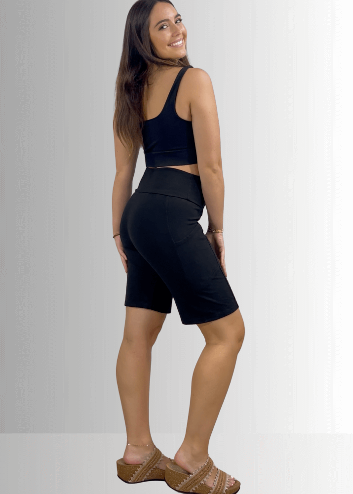 Made in USA Women's Perfect Fit Premium Tummy Control, Fitted  Walking Shorts, Large Side Pockets, Wide Waistband, Long Length in Black | 95% Cotton 5% Spandex | Style C30731 | Classy Cozy Cool Made in America Clothing