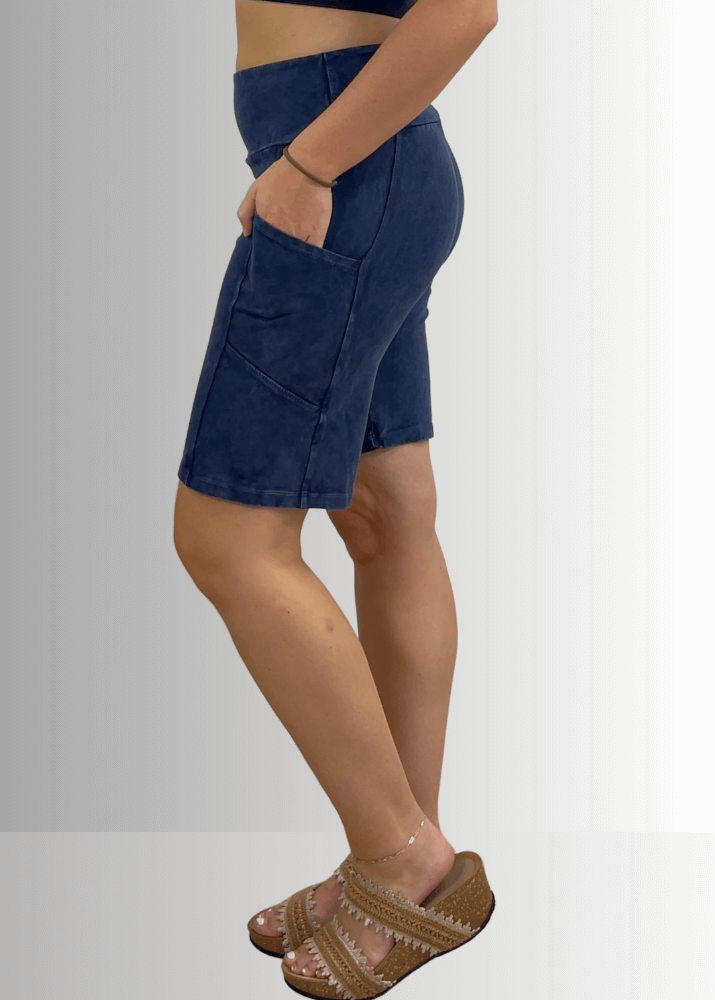 Made in USA Women's Perfect Fit Premium Tummy Control, Fitted  Walking Shorts, Large Side Pockets, Wide Waistband, Long Length in Dark Blue Denim | 95% Cotton 5% Spandex | Style C30731 | Classy Cozy Cool Made in America Clothing