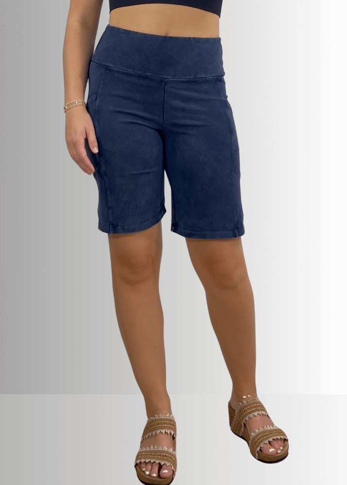 Made in USA Women's Perfect Fit Premium Tummy Control, Fitted  Walking Shorts, Large Side Pockets, Wide Waistband, Long Length in Dark Blue Denim | 95% Cotton 5% Spandex | Style C30731 | Classy Cozy Cool Made in America Clothing