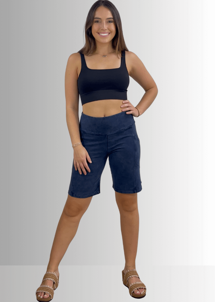 Made in USA Women's Perfect Fit Premium Tummy Control, Fitted  Walking Shorts, Large Side Pockets, Wide Waistband, Long Length in Dark Blue Denim | 95% Cotton 5% Spandex | Style C30731 | Classy Cozy Cool Made in America Clothing
