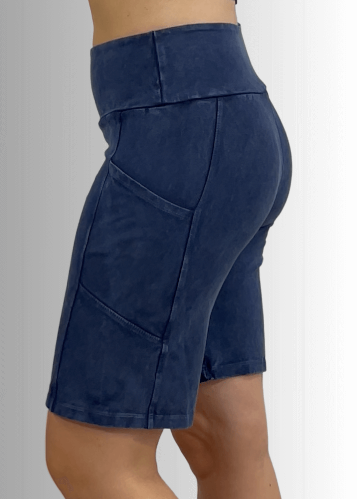 Made in USA Women's Perfect Fit Premium Tummy Control, Fitted  Walking Shorts, Large Side Pockets, Wide Waistband, Long Length in Dark Blue Denim | 95% Cotton 5% Spandex | Style C30731 | Classy Cozy Cool Made in America Clothing