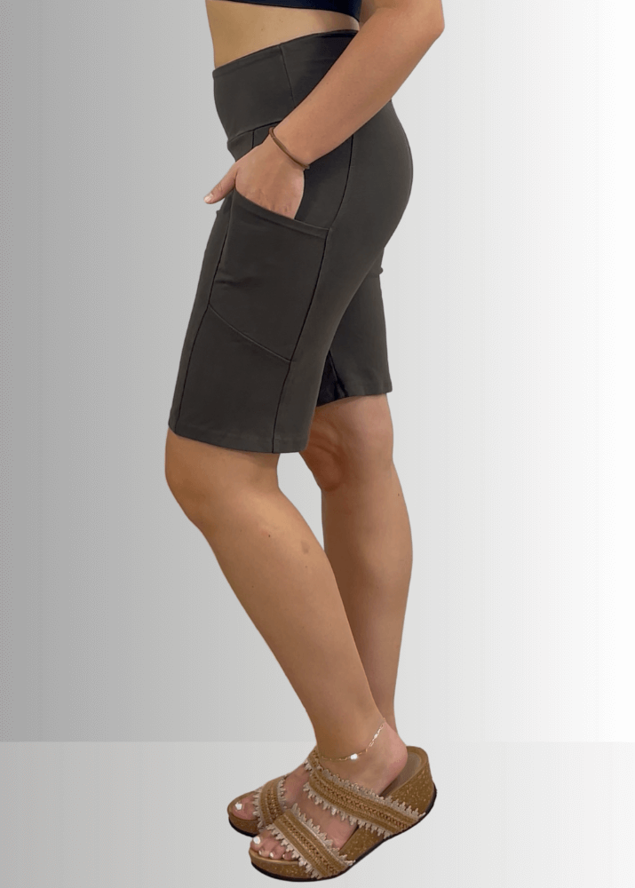 Made in USA Women's Perfect Fit Premium Tummy Control, Fitted  Walking Shorts, Large Side Pockets, Wide Waistband, Long Length in Dark Moss Green | 95% Cotton 5% Spandex | Style C30731 | Classy Cozy Cool Made in America Clothing