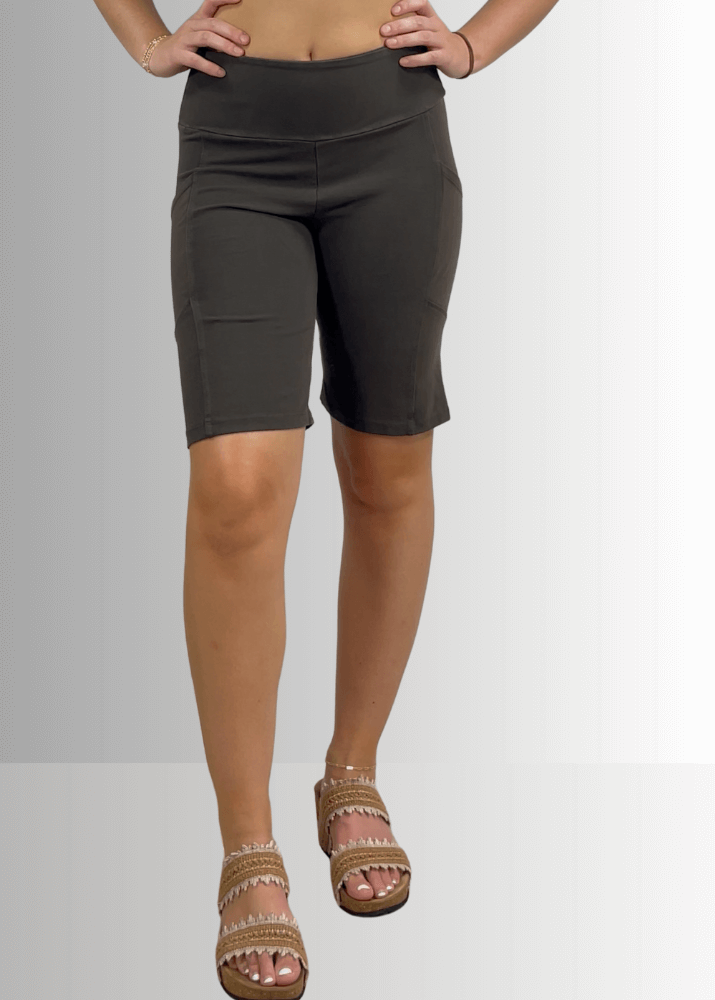Made in USA Women's Perfect Fit Premium Tummy Control, Fitted  Walking Shorts, Large Side Pockets, Wide Waistband, Long Length in Dark Moss Green | 95% Cotton 5% Spandex | Style C30731 | Classy Cozy Cool Made in America Clothing
