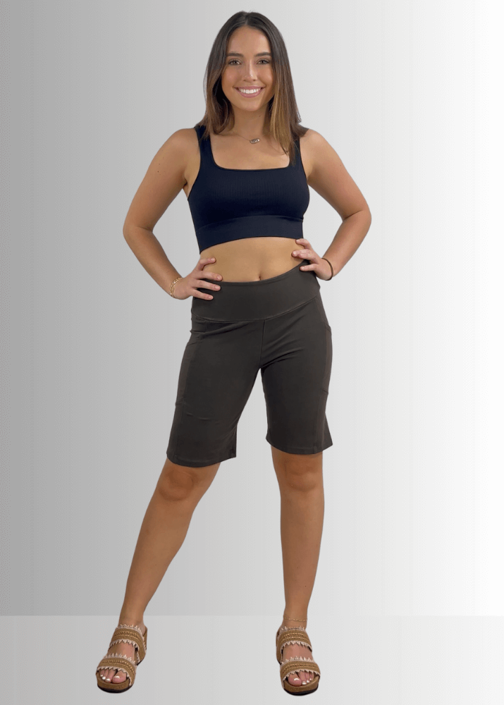 Made in USA Women's Perfect Fit Premium Tummy Control, Fitted  Walking Shorts, Large Side Pockets, Wide Waistband, Long Length in Dark Moss Green | 95% Cotton 5% Spandex | Style C30731 | Classy Cozy Cool Made in America Clothing