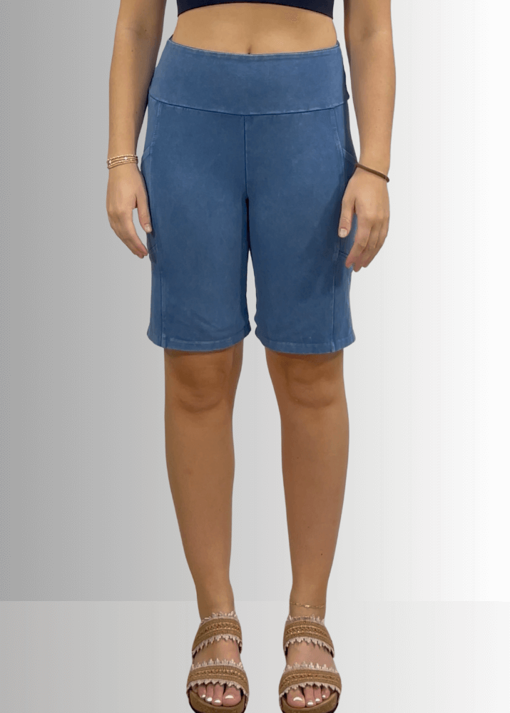 Made in USA Women's Perfect Fit Premium Tummy Control, Fitted  Walking Shorts, Large Side Pockets, Wide Waistband, Long Length in Light Blue Denim | 95% Cotton 5% Spandex | Style C30731 | Classy Cozy Cool Made in America Clothing