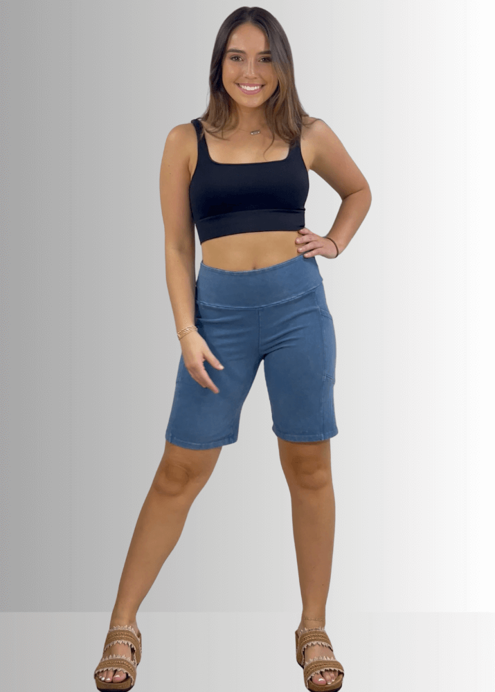 Made in USA Women's Perfect Fit Premium Tummy Control, Fitted  Walking Shorts, Large Side Pockets, Wide Waistband, Long Length in Light Blue Denim | 95% Cotton 5% Spandex | Style C30731 | Classy Cozy Cool Made in America Clothing