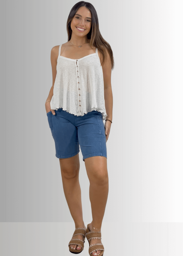 Made in USA Women's Perfect Fit Premium Tummy Control, Fitted  Walking Shorts, Large Side Pockets, Wide Waistband, Long Length in Light Blue Denim | 95% Cotton 5% Spandex | Style C30731 | Classy Cozy Cool Made in America Clothing