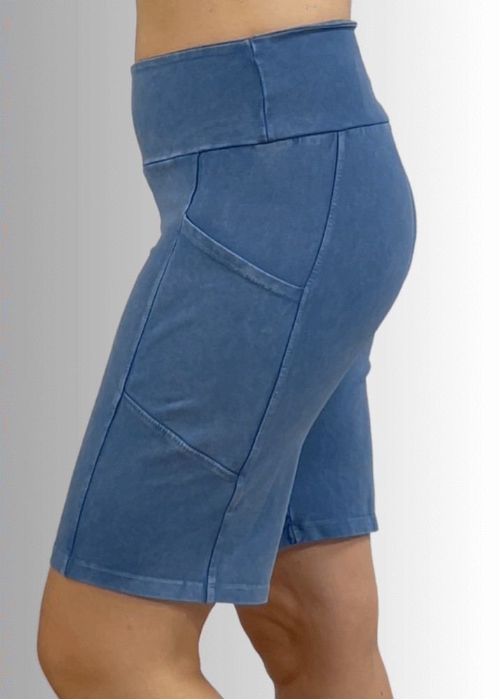 Made in USA Women's Perfect Fit Premium Tummy Control, Fitted  Walking Shorts, Large Side Pockets, Wide Waistband, Long Length in Light Blue Denim | 95% Cotton 5% Spandex | Style C30731 | Classy Cozy Cool Made in America Clothing