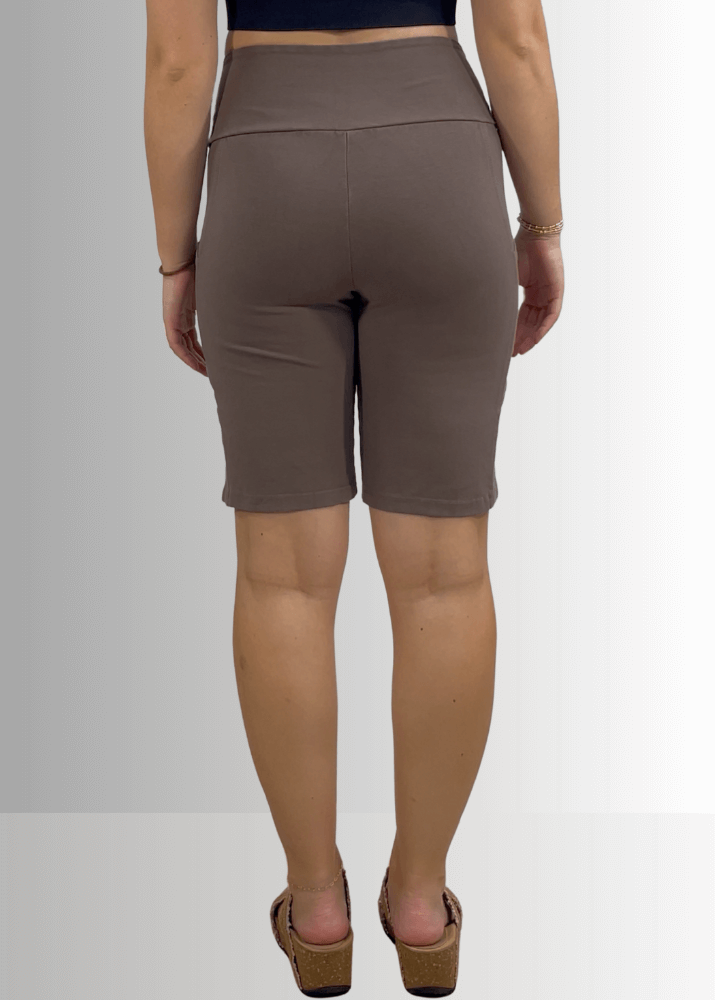 Made in USA Women's Perfect Fit Premium Tummy Control, Fitted  Walking Shorts, Large Side Pockets, Wide Waistband, Long Length in Taupe  | 95% Cotton 5% Spandex | Style C30731 | Classy Cozy Cool Made in America Clothing