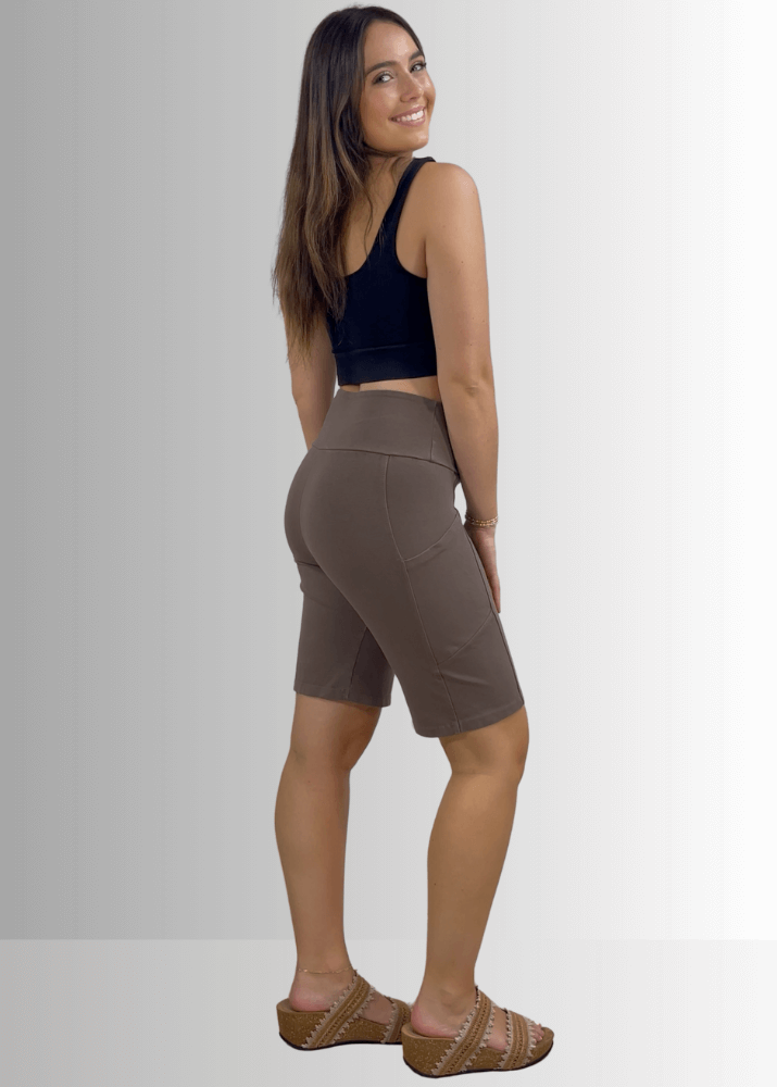 Made in USA Women's Perfect Fit Premium Tummy Control, Fitted  Walking Shorts, Large Side Pockets, Wide Waistband, Long Length in Taupe  | 95% Cotton 5% Spandex | Style C30731 | Classy Cozy Cool Made in America Clothing