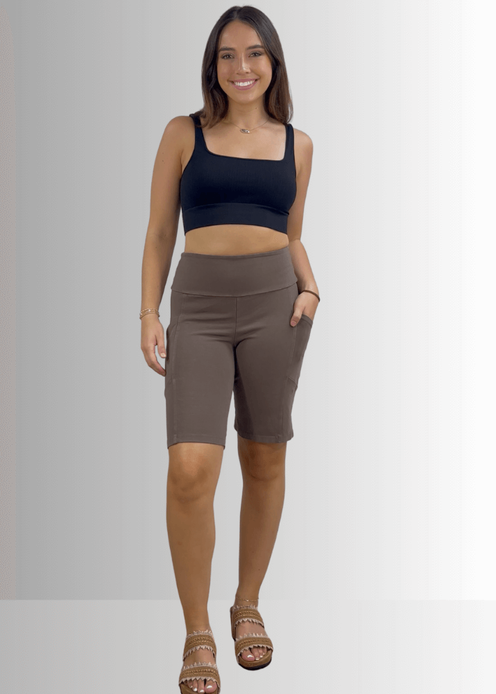 Made in USA Women's Perfect Fit Premium Tummy Control, Fitted  Walking Shorts, Large Side Pockets, Wide Waistband, Long Length in Taupe  | 95% Cotton 5% Spandex | Style C30731 | Classy Cozy Cool Made in America Clothing