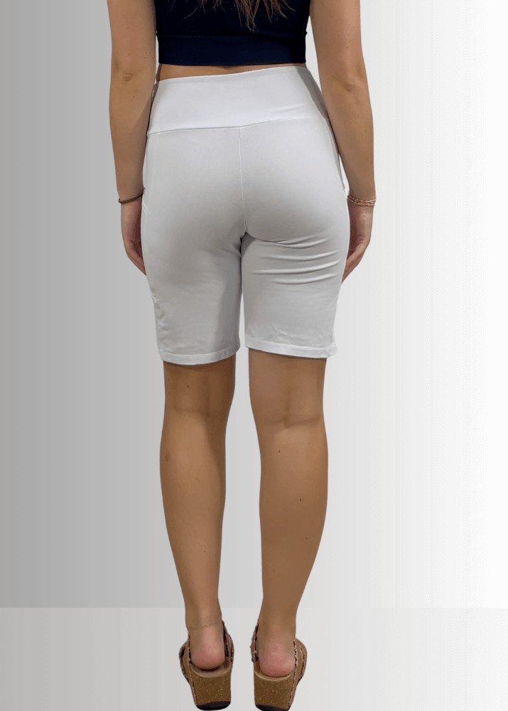 Made in USA Women's Perfect Fit Premium Tummy Control, Fitted  Walking Shorts, Large Side Pockets, Wide Waistband, Long Length in White  | 95% Cotton 5% Spandex | Style C30731 | Classy Cozy Cool Made in America Clothing
