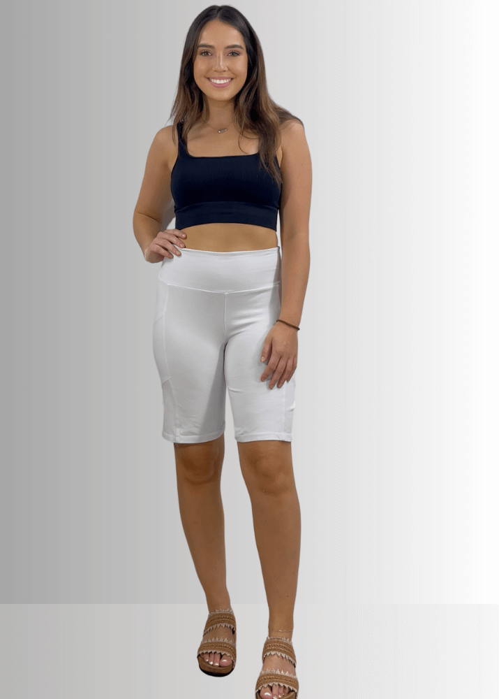 Made in USA Women's Perfect Fit Premium Tummy Control, Fitted  Walking Shorts, Large Side Pockets, Wide Waistband, Long Length in White  | 95% Cotton 5% Spandex | Style C30731 | Classy Cozy Cool Made in America Clothing