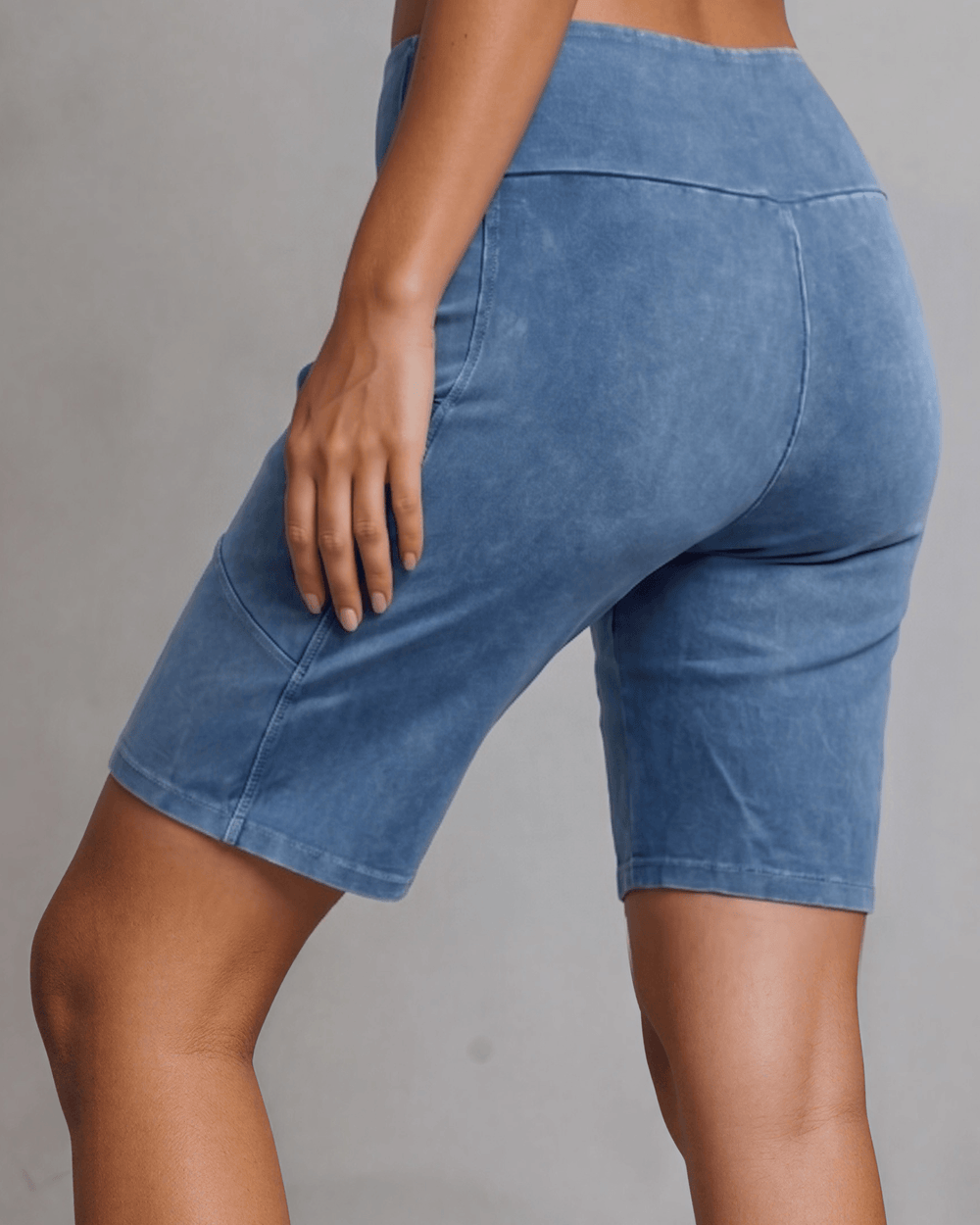 Made in USA Women's Perfect Fit Premium Tummy Control, Fitted  Walking Shorts, Large Side Pockets, Wide Waistband, Long Length in Light Blue Denim | 95% Cotton 5% Spandex | Style C30731 | Classy Cozy Cool Made in America Clothing