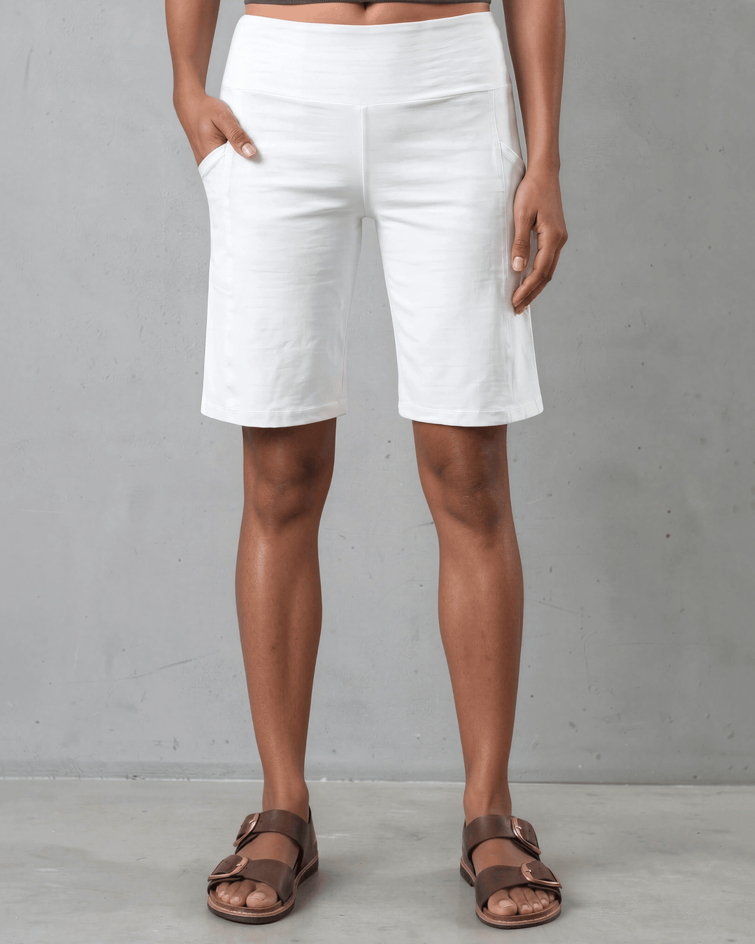 Made in USA Women's Perfect Fit Hilton Head Head Hybrid Shorts, a Premium Tummy Control, Fitted  Walking Shorts, Large Side Pockets, Wide Waistband, Long Length in White  | 95% Cotton 5% Spandex | Style C30731 | Classy Cozy Cool Made in America Clothing