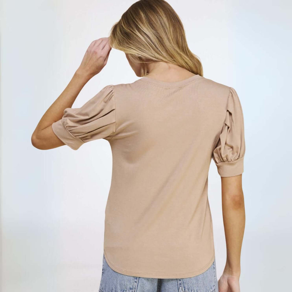 USA Made Women's Super Soft Puff Sleeve Relaxed Fit Top in Taupe  | Classy Cozy Cool Made in America Clothing Boutique
