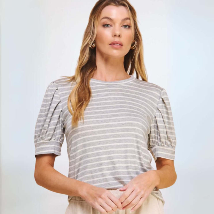 USA Made Women's Super Soft Puff Sleeve Relaxed Fit Top in Grey/White Stripes  | Classy Cozy Cool Made in America Clothing Boutique