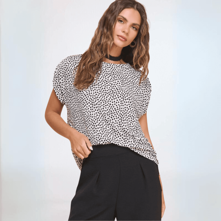 Made in USA Women's Jersey Material Oversized Loose Fit Round Neck Short Sleeve Printed Top in White and Black | Classy Cozy Cool Made in America Boutique