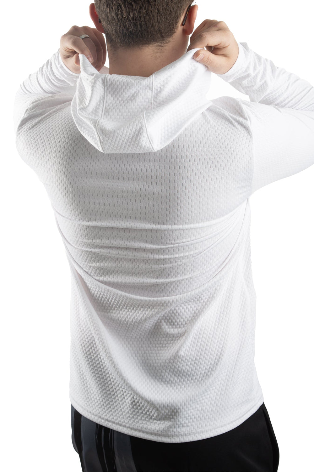 Made in USA. WSI Sportswear Men’s Illusion Mesh Sun Hoodie. Moisture Control. Breathable. Lightweight. Built-in UPF 50 Sun Protection. White Longsleeve.