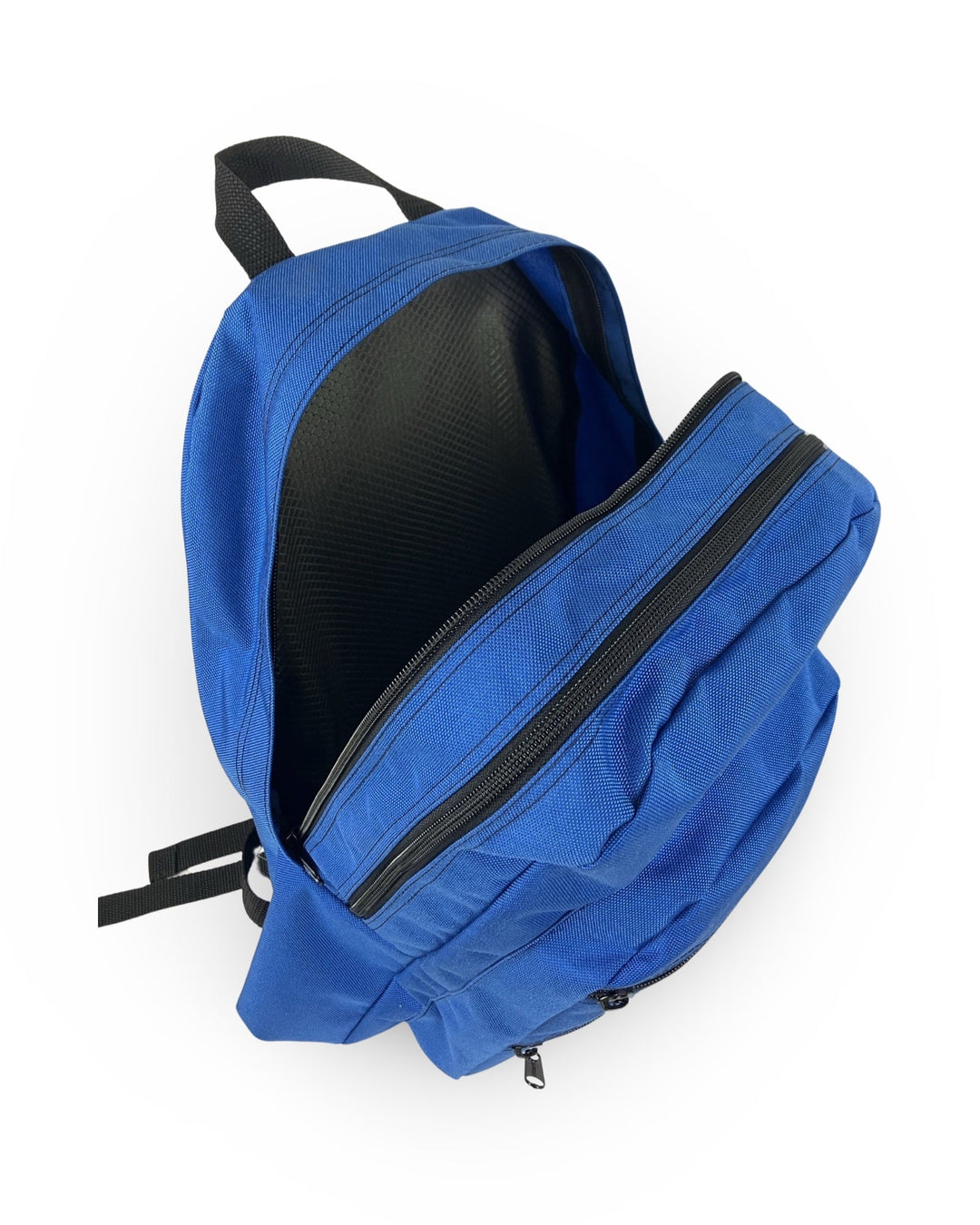 Made in USA, open royal blue backpack showing roomy main compartment