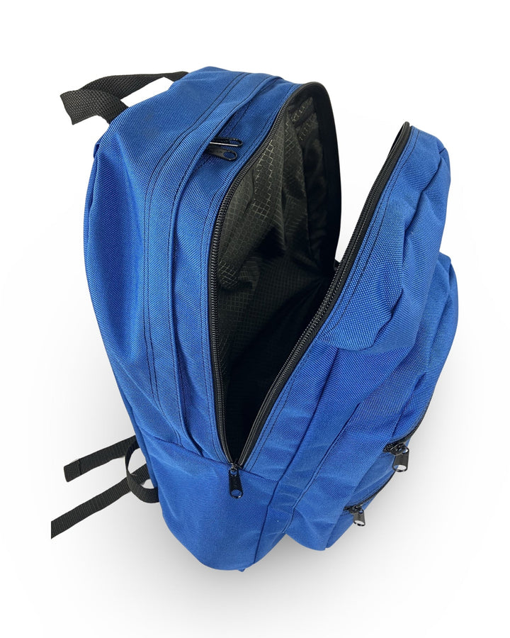 Made in USA, open royal blue backpack showing main compartment and front pocket