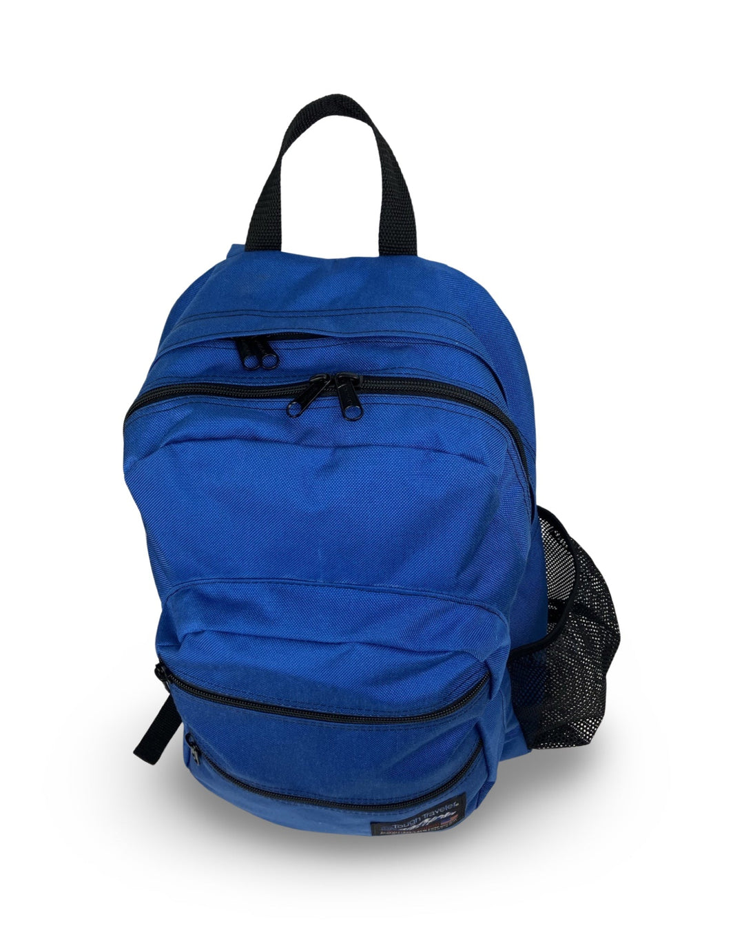 Made in USA, royal blue large backpack with two zippered front pockets and mesh side pocket