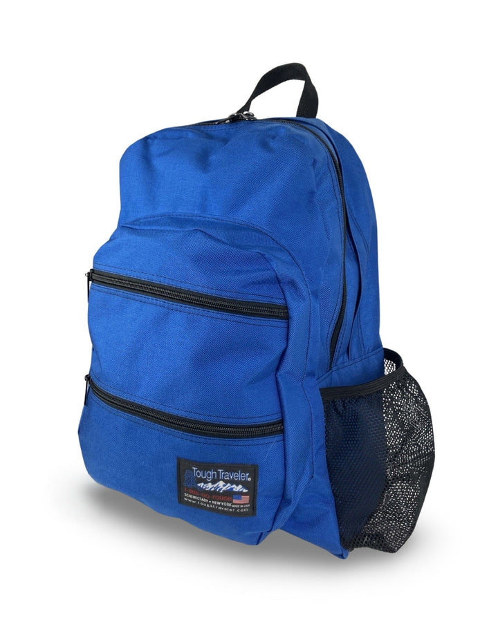 Made in USA, bright blue large backpack with two zippered front pockets and mesh bottle pocket