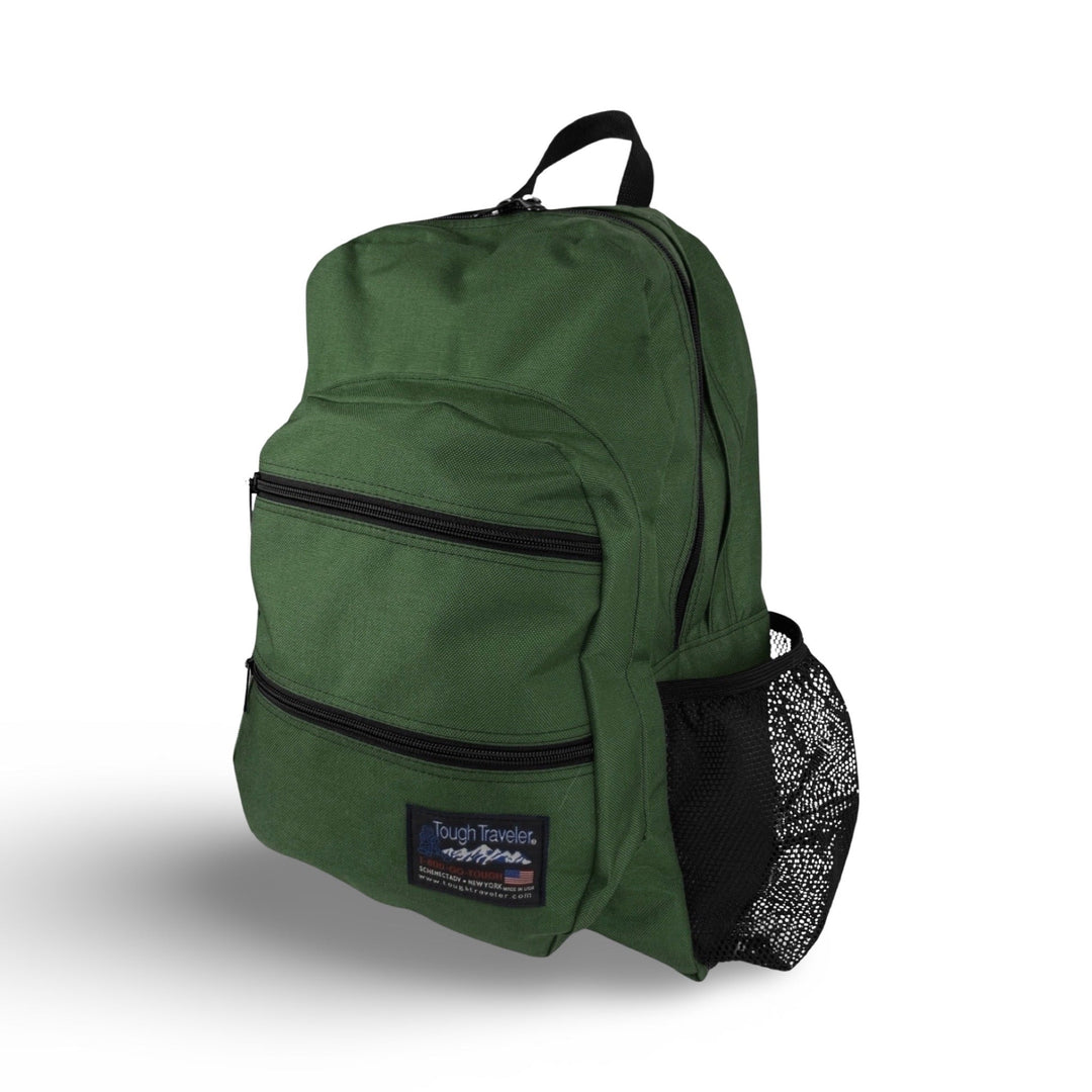 Made in USA, olive green large backpack with two zippered front pockets and mesh side pocket