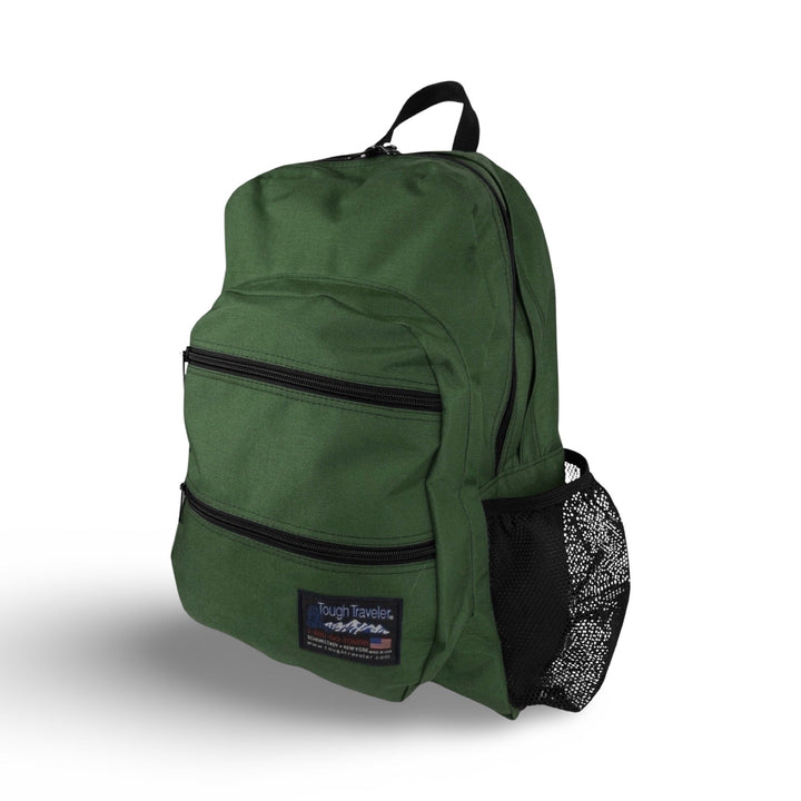 Made in USA, olive green large backpack with two zippered front pockets and mesh side pocket
