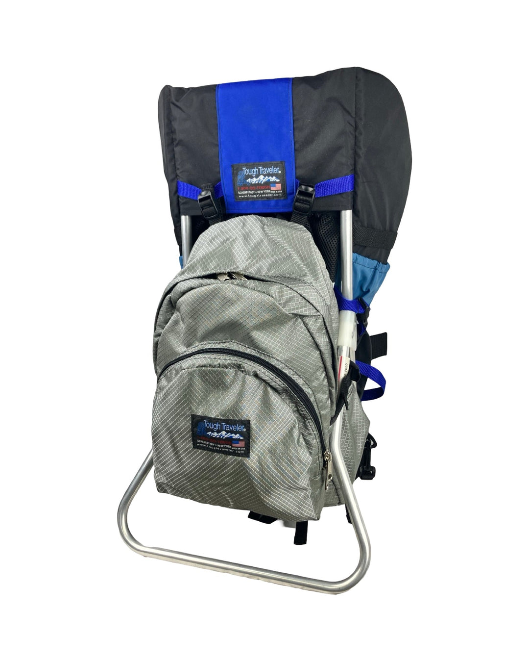 Made in USA, rear view of silver diamond diaper bag backpack mounted on a child carrier frame