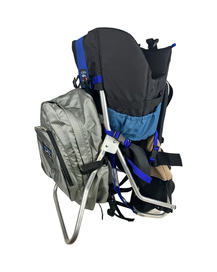 Made in USA, silver diamond diaper bag backpack attached to the back of a child carrier frame