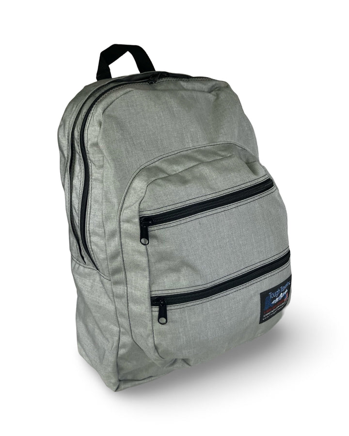 Made in USA, light grey large backpack with two zippered front pockets